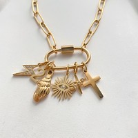Kalung Liontin Salib Sayap Mata Jahat Nomor 2 Berlapis Emas eManco dari Baja Anti Karat, Perhiasan Kristal Lepas Pasang DIY