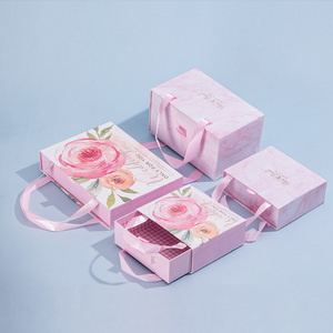 Wholesale Premium Luxury pink packaging ribbon drawer box cardboard box with handle wedding Gift box