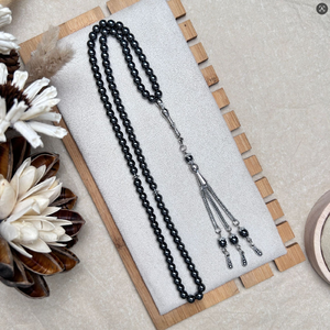 Tasbih en hématite noire, 99 perles, pierre naturelle, chapelet avec pompon, perles de prière islamiques musulmanes pour le culte - Product Image 3
