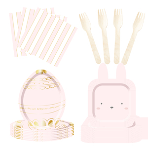 DAMAI - Juego de Decoración para Fiesta de Pascua, Vajilla Desechable al por Mayor, Platos de Papel con Diseño de Conejo Rosa, Huevo y Estrella, Mantel - Product Image 3