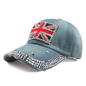 UK topi bisbol Denim berlian imitasi berkilau bendera Jack National Union London Inggris