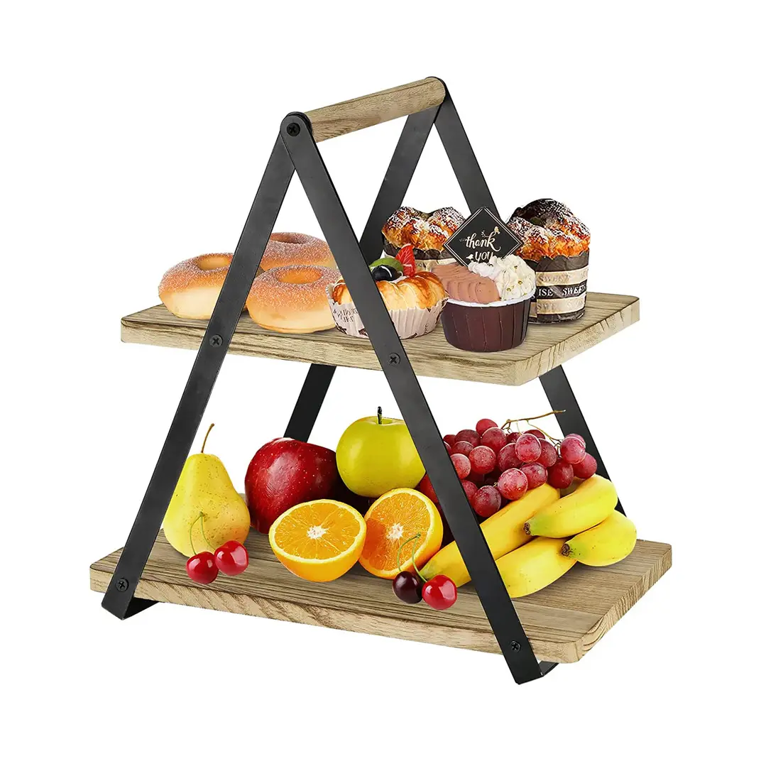 Soporte para cupcakes de 2 niveles con mango, bandeja de servicio de madera, soporte de postre rústico, juego de exhibición de mesa de postre, mostrador