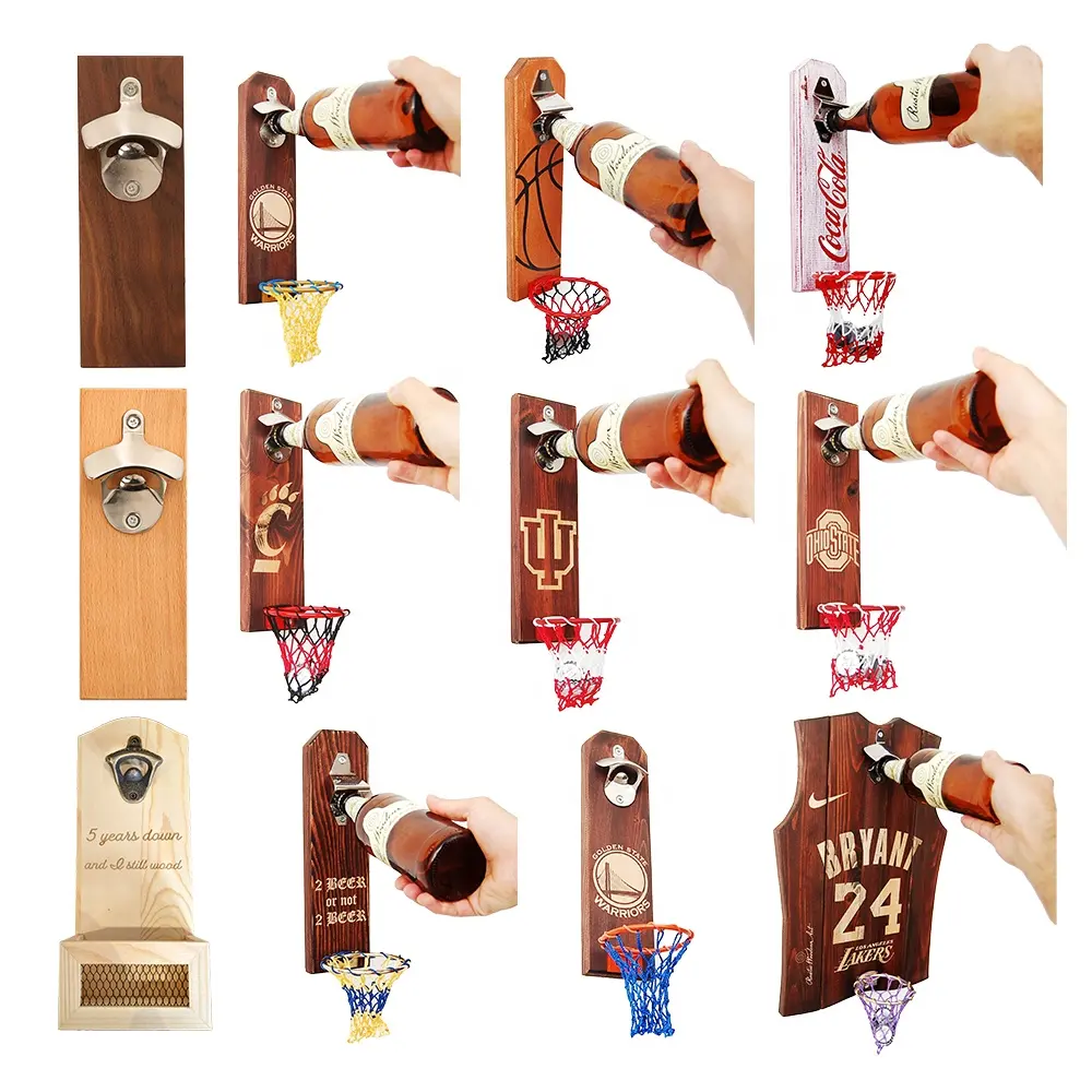 Tùy Chỉnh Kim Loại Sáng Tạo Wall Mount Bằng Gỗ Tủ Lạnh Nam Châm Treo Tường Beer Bottle Opener Với Bóng Rổ Net