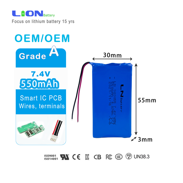 OEM7.4v Lipo Battery 303055 550mAh BMS Rechargeable Lithium Battery with CE Certification 500 Cycles for LED Applications