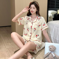 Ensemble de pyjama pour femmes, élégant, romantique, imprimé floral, manches courtes, décontracté, confortable, taille élastique, 100% polyester, pour le printemps et l'été
