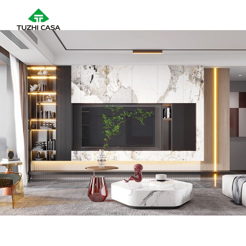 Luxury Modern TV Showcase with Marble Finish, Customizable LED Wall ...