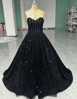 Robe de bal de Quinceañera noire à paillettes, bustier cœur, corset long et volumineux, pour soirée formelle