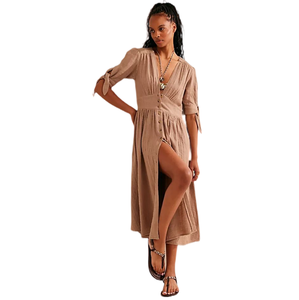 Vestido vintage con escote en V, cintura definida, vestidos <span class=keywords><strong>de</strong></span> <span class=keywords><strong>mujer</strong></span>, recién llegados, <span class=keywords><strong>2022</strong></span>, botón frontal, vestido <span class=keywords><strong>de</strong></span> vacaciones, lindos lazos, mangas, puños - Product Image 1