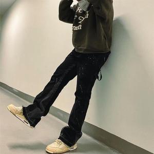 Vaqueros acampanados de hombre, 100% algodón, teñidos a mano, con microrasgaduras, resistentes a la decoloración, corte ajustado y largo, estilo americano High Street, con efecto desgastado. - Product Image 4