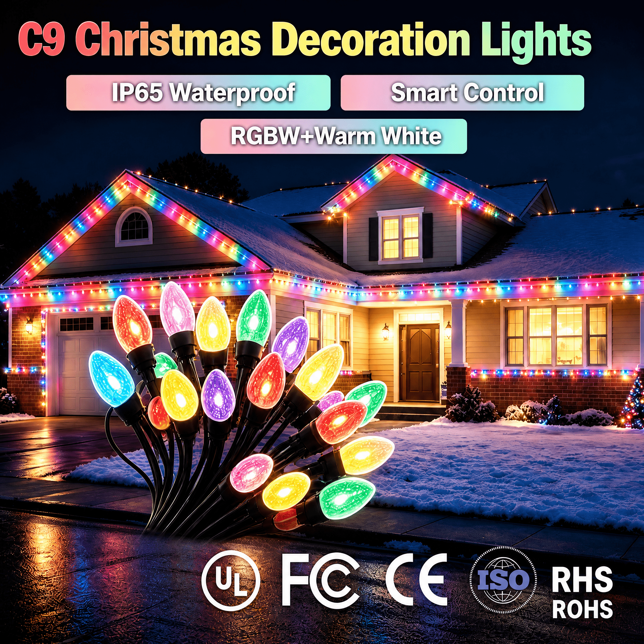 100ft 250ft 300ft C9 Led Bulb Christmas Tree Lights 24V Outdoor Waterproof Ip65 Holiday Decoration Smart String Lighting