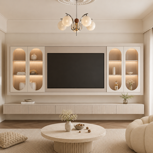 Cream White <strong>Floating</strong> TV <strong>Wall</strong> Cabinet Modern Living Room Media <strong>Unit</strong> with Arched LED Display Shelves and Fluted Storage Console - Product Image 1