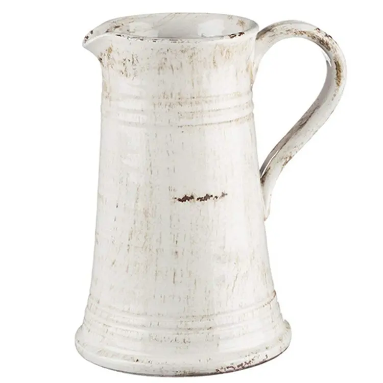 White Pitcher Ceramic Vase 8 x 10 Inches Rustic Home Decor