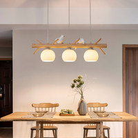 Lustre linéaire en verre laiteux avec suspension en forme d'oiseau, luminaire suspendu en bois de style moderne du milieu du siècle pour salle à manger, table, café