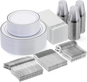 Juego de Vajilla Desechable de Lujo al por Mayor, 350 Piezas, con Borde Plateado, Libre de BPA, Platos y Vasos de Plástico Resistentes, Cubiertos <span class=keywords><strong>para</strong></span> Hoteles y Bodas - Product Image 1