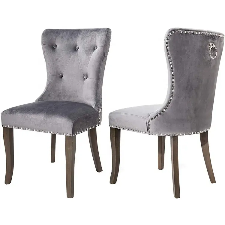 Manufacturer supply gray cheap faux leather solid wooden leg nail trim leisure hotel dining room chair set for hall salon