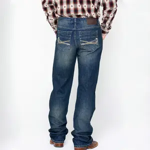 Nieuwe Trending Grote Borduur Men's Dusty Ontspannen Boot Cut Been Jeans