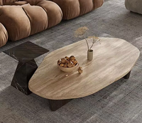 Mesa de Centro Ovalada Grande de Piedra Moderna con Patas de Madera, Diseño Elegante para Sala de Estar