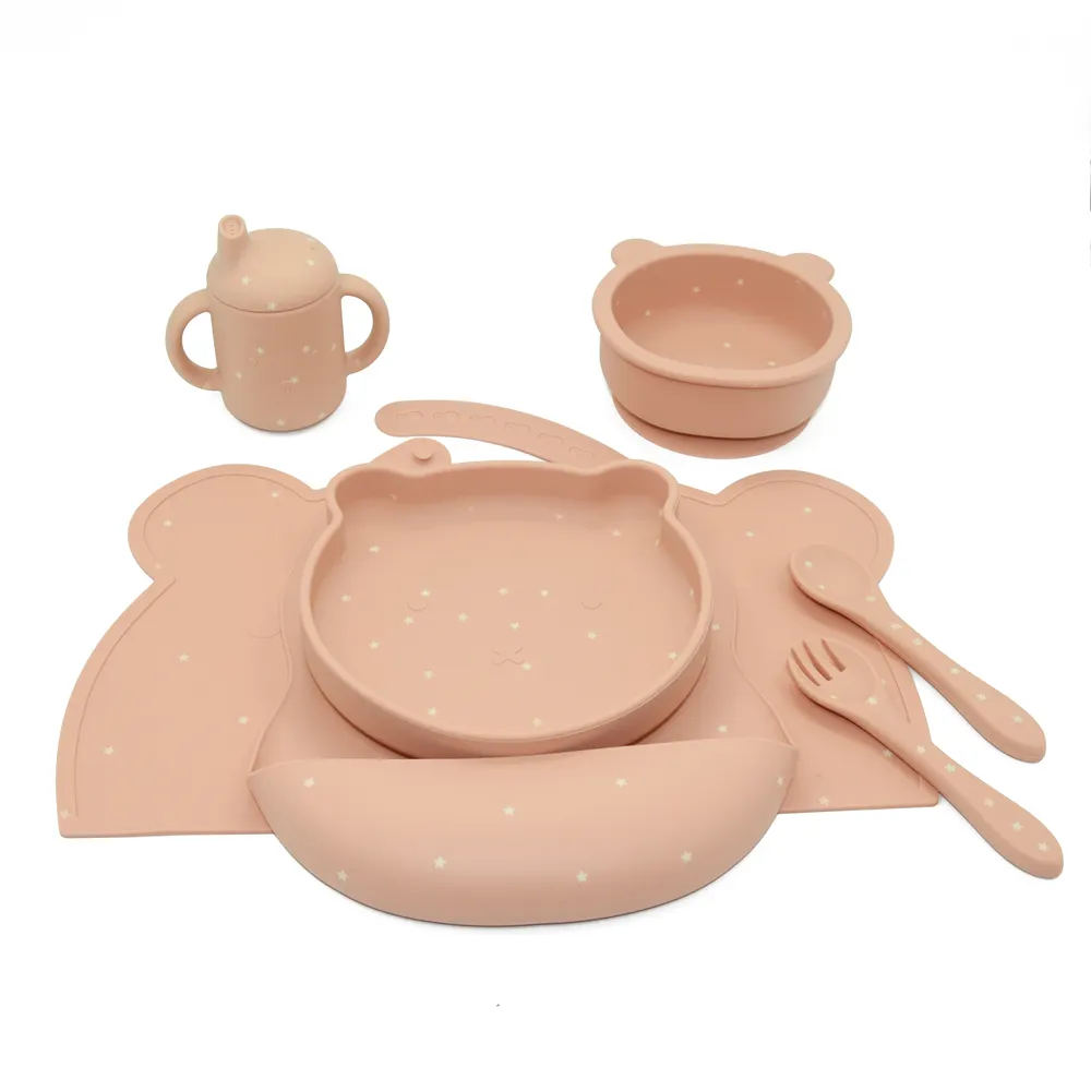 Ensemble d'alimentation pour bébé personnalisé professionnel en usine, premier stade, ensemble d'assiettes en silicone, ensemble d'alimentation en silicone pour bébé