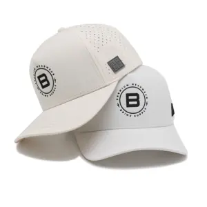 Sombrero perforado con agujero de corte láser personalizado de alta calidad, Parche de goma ultrasónico impermeable, logotipo, gorra de béisbol blanca y beige