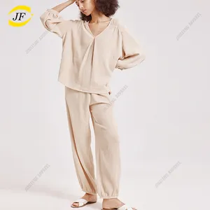 OEM New Fashion Pullover Long Sleeve Sleepwear Woven Nightwear Clothing Cotton Pajamas Women