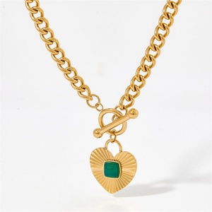 Pendentif en Pierre d'Émeraude Naturelle en Forme de Cœur, Chaîne Cubaine Plaquée Or en Acier Inoxydable avec Fermoir OT, Collier en Pierre Précieuse pour Femmes - Product Image 5