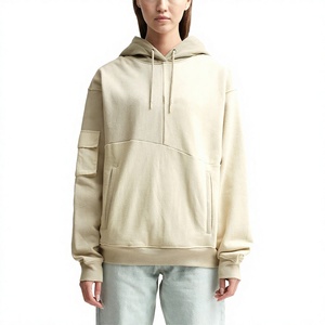 Sudadera con capucha extragrande para mujer, de felpa de algodón de tres tonos, con mangas acampanadas, diseño de paneles ondulados, bolsillo y logotipo personalizado, color arena. - Product Image 1