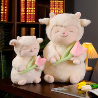 HY198 Kawaii mouton blanc Lam tenir tulipe fleur peluche poupée doux peluche agneau avec tulipe peluche jouet mignon cadeau pour enfant anniversaire