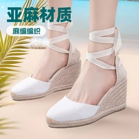 Espadrilles pour femmes, sandales compensées à talons hauts, chaussures d'été à talons épais, nouvelle collection 2025, semelle en chanvre français, doublure en peau de porc