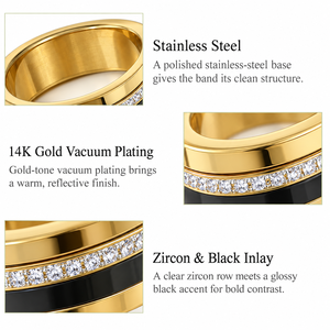 แหวนสแตนเลสสตีลชุบทอง 14K สีดำประดับเพชรซิร์คอน ดีไซน์วงกว้างตัดสี - Product Image 3