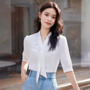 Women's <b>White</b> Chiffon Shirt V-Neck Three Quarter Sleeve <b>Wrap</b> Tie Commuter Top Spring Summer 2024 - Product Image 1