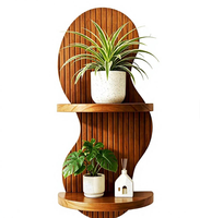 Étagères flottantes en pin à lattes verticales ondulées à 2 niveaux, style moderne du milieu du siècle, bohème rustique, marron, support amovible pour plantes suspendues
