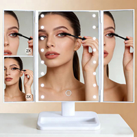 Miroir de maquillage LED pliable à trois côtés rotatif 1X/2X/3X avec base de rangement, miroir de bureau éclairant