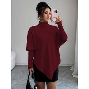 Pull poncho côtelé asymétrique d'hiver pour femme, col roulé, manches chauve-souris oversize, tricoté, manches longues, coupe ample, noir tendance - Product Image 3