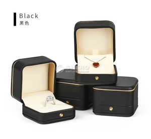 Boîtes en cuir PU personnalisées en gros, noir et beige, pour colliers, bracelets, bagues, boucles d'oreilles, boîtes à bijoux avec bordure dorée - Product Image 2