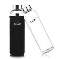 Bouteille d'eau en verre borosilicate à col étroit de haute qualité sans BPA, avec couvercle en bambou et manchon en néoprène, compatible lave-vaisselle et micro-ondes