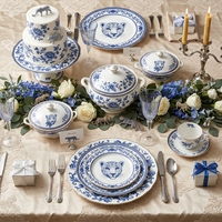 Service de vaisselle créatif en porcelaine bleue et blanche avec bordure dorée, vaisselle en céramique, imprimé floral léopard royal, vaisselle de mariage