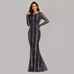 Elegante Vestido de Noche Estilo Sirena con Mangas Largas, Lentejuelas, Cuello Redondo, Capa Transparente, Corte Ajustado, Vestido Formal para Fiesta, Estilo Europeo - Product Image 3