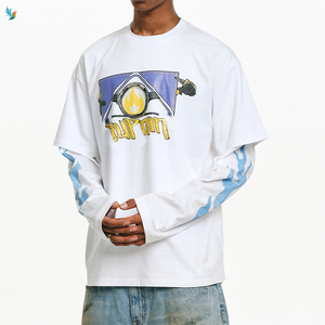 T-shirt blanc oversize à imprimé flamme bleue pour homme, motif dessin animé, double couche, manches longues - Product Image 3