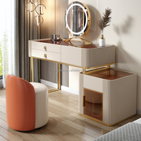 Ensemble de meubles de chambre à coucher de luxe miroir éclairé tabouret orange ensemble de coiffeuse commode bureau avec dessus en verre
