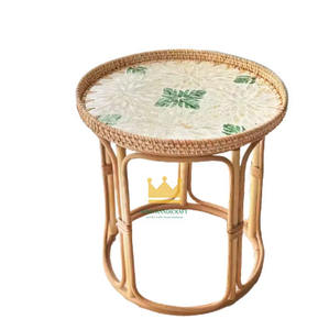 Table basse ronde en rotin avec incrustation de nacre de qualité supérieure, plateau en mosaïque, ensemble de table basse pour la décoration du salon, fabriqué au Vietnam - Product Image 1