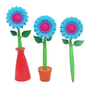 Lovely 3D sunflower shape bendable pens custom gift flower plastic ball pens for promotion