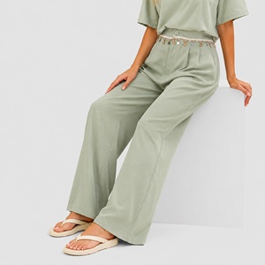 Pantalones de Traje de Pierna Ancha <span class=keywords><strong>Verde</strong></span> Salvia para Mujer, de Cintura Alta con Lentejuelas, Plisados y Drapeados, Pantalón de Oficina, <span class=keywords><strong>Pantalon</strong></span> Tailleur Femme - Product Image 1