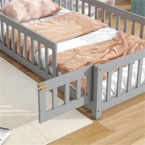 <span class=keywords><strong>Lit</strong></span> double en bois en forme de maison avec clôture pour enfant Addreen, avec tête de <span class=keywords><strong>lit</strong></span> cheminée, mobilier de chambre gris écologique pour enfants - Product Image 3