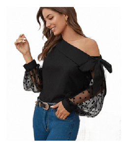 Blusa de Mujer con Estampado Floral Negro Sólido, Mangas Asimétricas, Corte Regular, Elegante, para Fiesta, Club, Uso Casual, Cómoda para Toda Temporada - Product Image 1