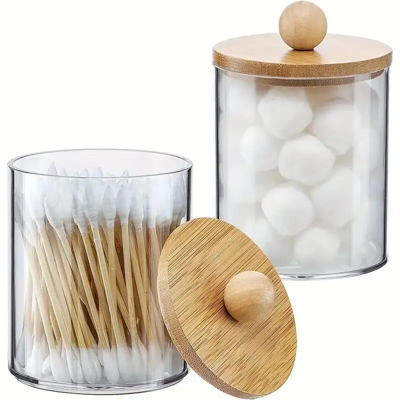 Hotting clair en plastique Qtip support coton bourgeons boule distributeur salle de bain conteneur bambou bois couvercles coton-tige tampons support