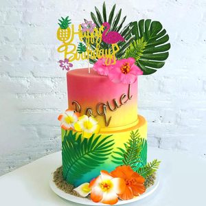 Décorations de gâteau Hawaïennes <span class=keywords><strong>avec</strong></span> <span class=keywords><strong>fleurs</strong></span>, feuilles de palmier et <span class=keywords><strong>fleurs</strong></span> d'hibiscus pour anniversaires sur le thème des flamants roses - Product Image 4