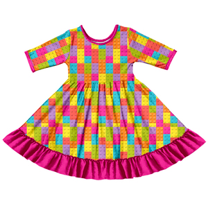 Robe en soie de lait pour filles, manches 3/4, ourlet à volants, imprimé intégral, robe pour tout-petits, vêtements pour enfants personnalisés OEM ODM - Product Image 4