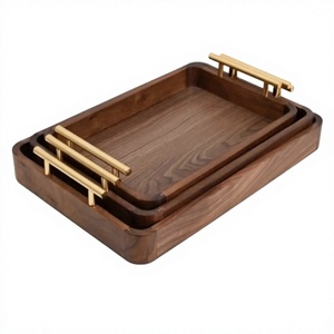 Modern Black Walnut Irregular Wooden <b>Serving</b> <b>Tray</b> Set with <b>Gold</b> Handles Solid Wood Eco-Friendly Handmade Hotel Home Use - Product Image 1