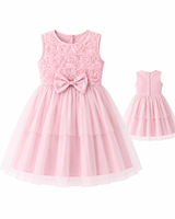 Robe de princesse rose en tulle à fleurs pour filles 2026, sans manches, avec nœud, applique rose 3D, tenue d'été pour enfants, OEM