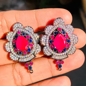Hoa tai bạc thanh lịch với màu đỏ tự nhiên Ruby Màu xanh sapphire July Birthstone chữa bệnh đá quý mạ Vàng austrian pha lê điểm nhấn - Product Image 5
